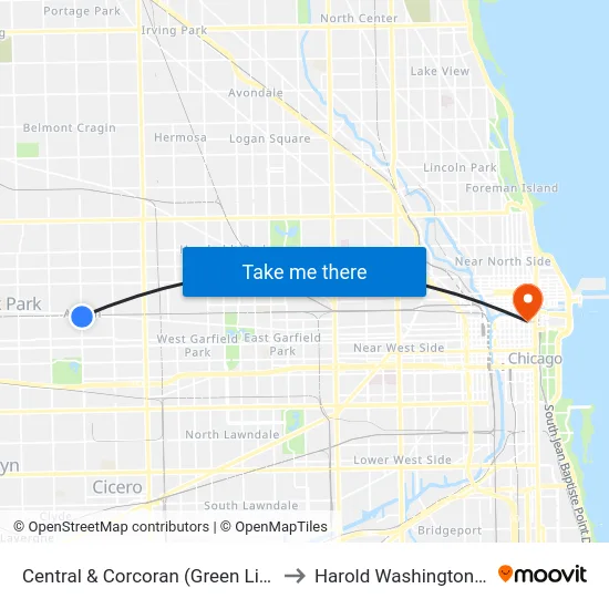 Central & Corcoran (Green Line) (North) to Harold Washington College map