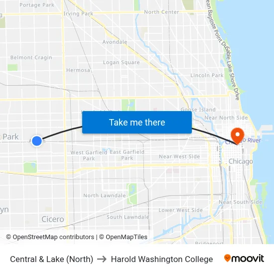 Central & Lake (North) to Harold Washington College map