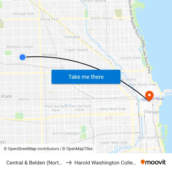 Central & Belden (North) to Harold Washington College map