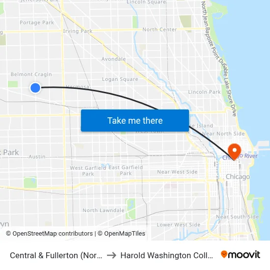 Central & Fullerton (North) to Harold Washington College map
