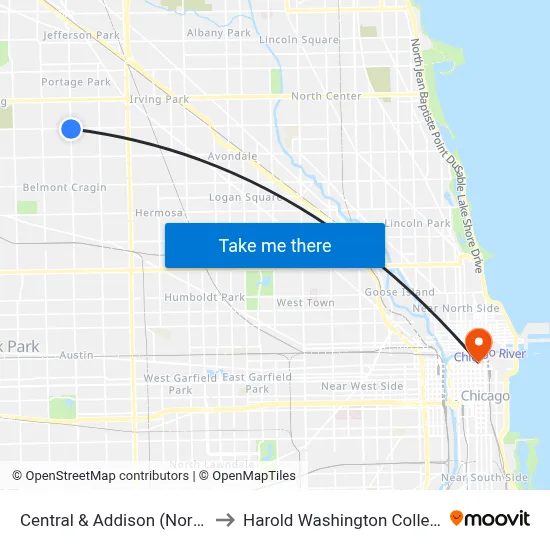 Central & Addison (North) to Harold Washington College map