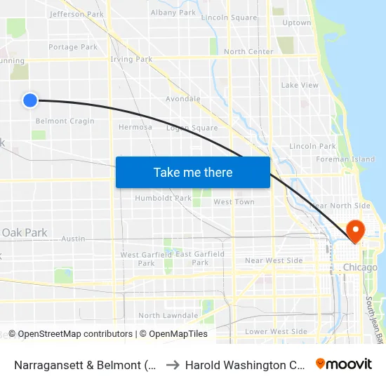 Narragansett & Belmont (North) to Harold Washington College map