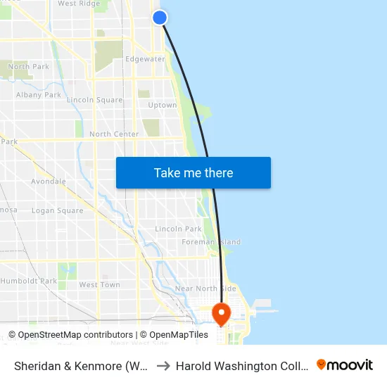 Sheridan & Kenmore (West) to Harold Washington College map