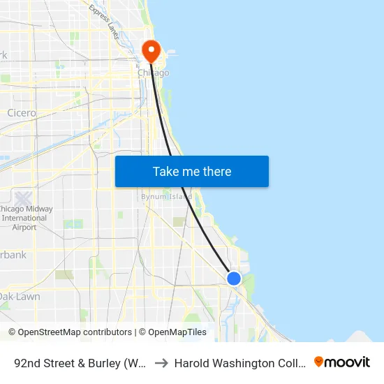 92nd Street & Burley (West) to Harold Washington College map