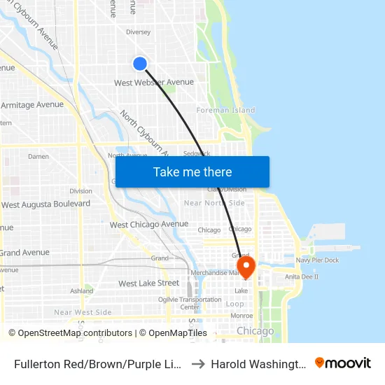 Fullerton Red/Brown/Purple Line Station (West) to Harold Washington College map