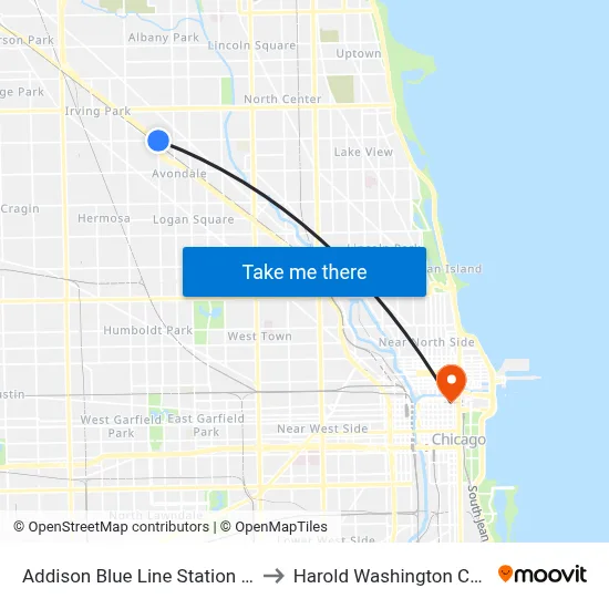 Addison Blue Line Station (East) to Harold Washington College map