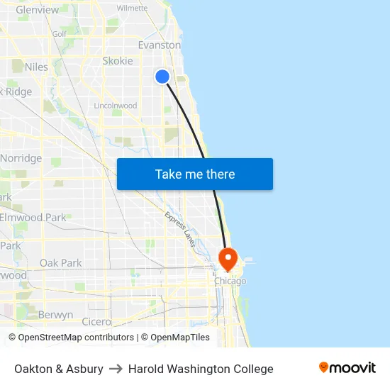 Oakton & Asbury to Harold Washington College map
