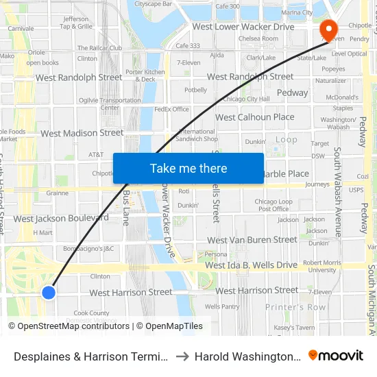 Desplaines & Harrison Terminal (South) to Harold Washington College map