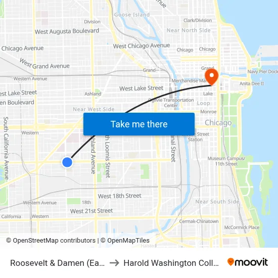 Roosevelt & Damen (East) to Harold Washington College map