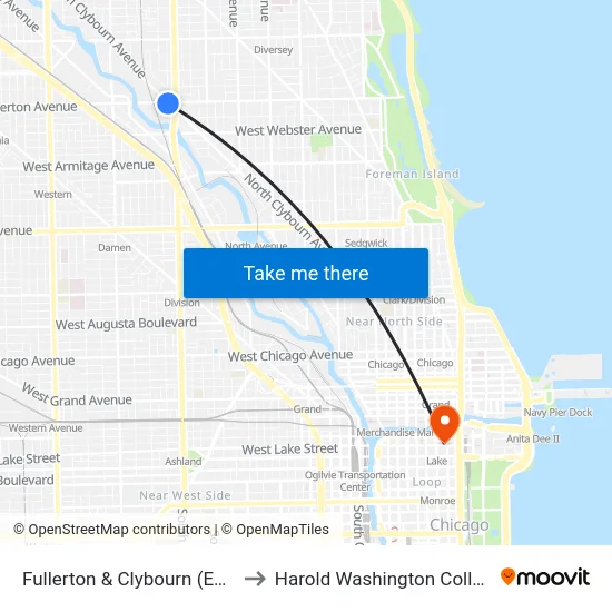 Fullerton & Clybourn (East) to Harold Washington College map