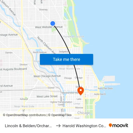 Lincoln & Belden/Orchard (Se) to Harold Washington College map