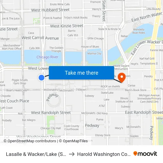 Lasalle & Wacker/Lake (South) to Harold Washington College map