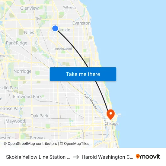 Skokie Yellow Line Station (South) to Harold Washington College map