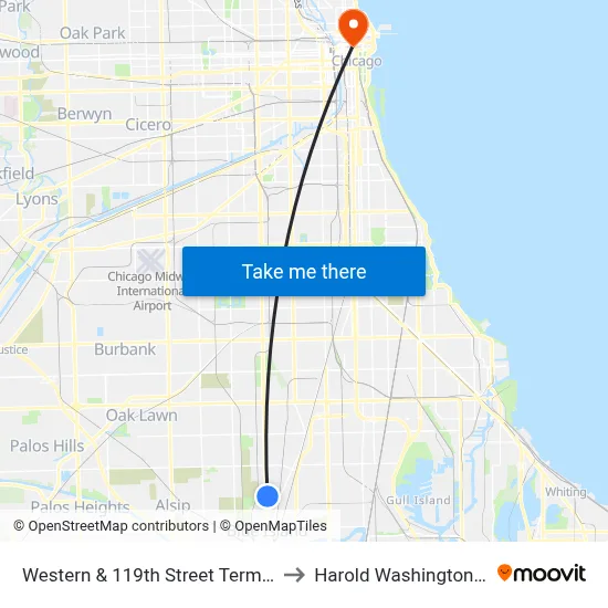Western & 119th Street Terminal (West) to Harold Washington College map