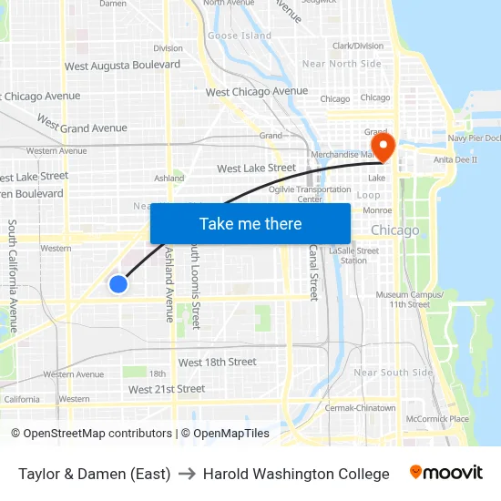 Taylor & Damen (East) to Harold Washington College map