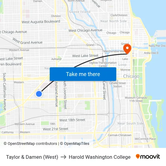 Taylor & Damen (West) to Harold Washington College map