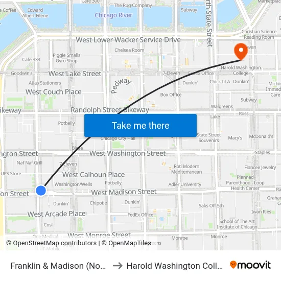 Franklin & Madison (North) to Harold Washington College map