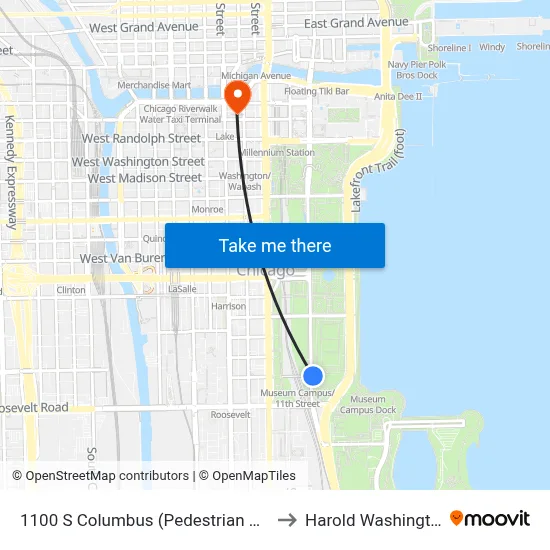 1100 S Columbus (Pedestrian Underpass) (North) to Harold Washington College map