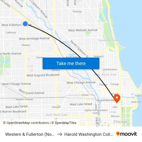 Western & Fullerton (North) to Harold Washington College map