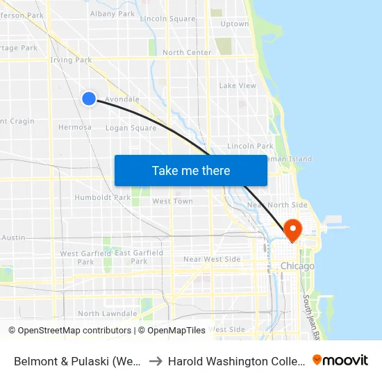 Belmont & Pulaski (West) to Harold Washington College map