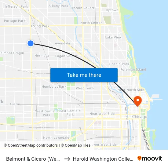 Belmont & Cicero (West) to Harold Washington College map
