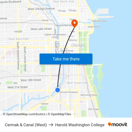 Cermak & Canal (West) to Harold Washington College map