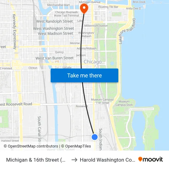 Michigan & 16th Street (North) to Harold Washington College map