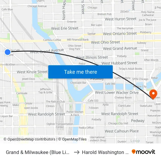 Grand & Milwaukee (Blue Line) (West) to Harold Washington College map
