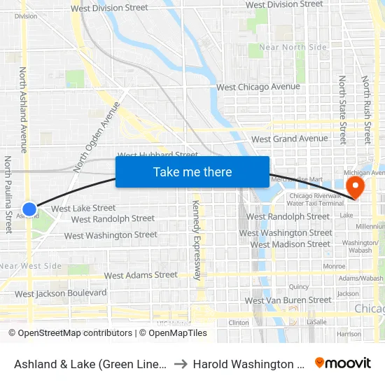 Ashland & Lake (Green Line) (North) to Harold Washington College map