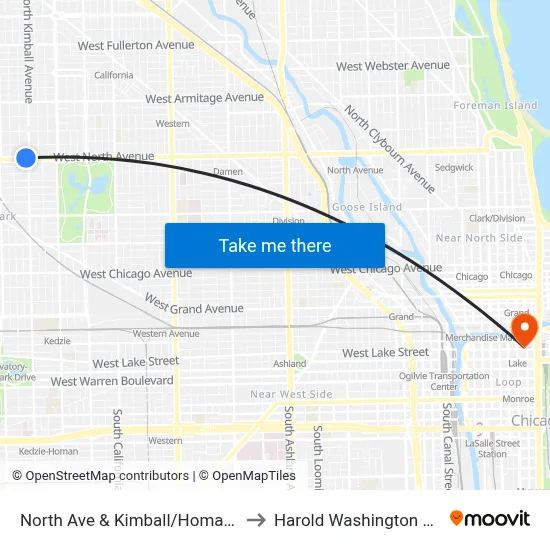 North Ave & Kimball/Homan (West) to Harold Washington College map