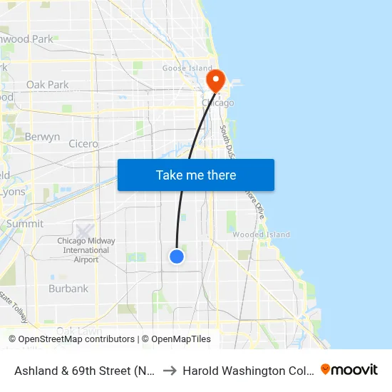 Ashland & 69th Street (North) to Harold Washington College map