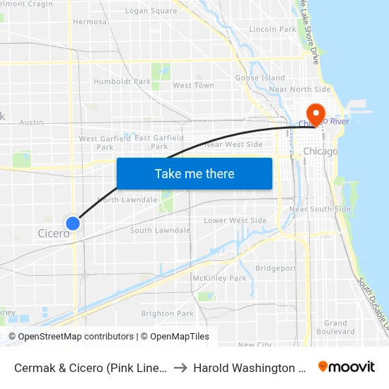 Cermak & Cicero (Pink Line) (West) to Harold Washington College map