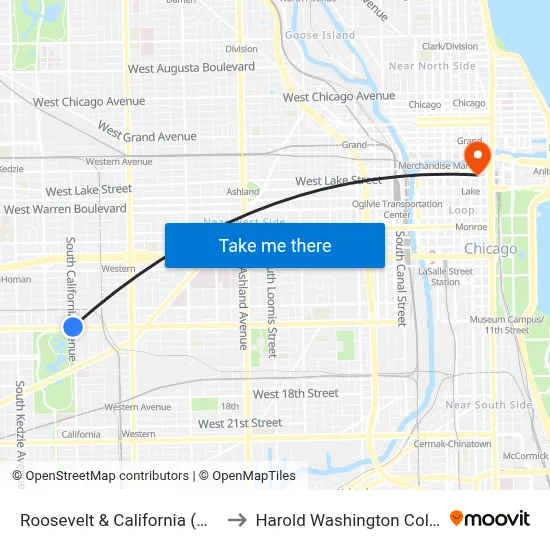 Roosevelt & California (West) to Harold Washington College map
