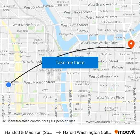 Halsted & Madison (South) to Harold Washington College map