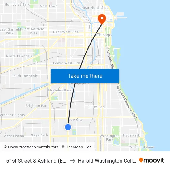 51st Street & Ashland (East) to Harold Washington College map