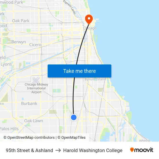 95th Street & Ashland to Harold Washington College map