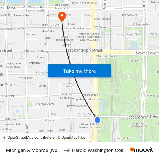 Michigan & Monroe (North) to Harold Washington College map
