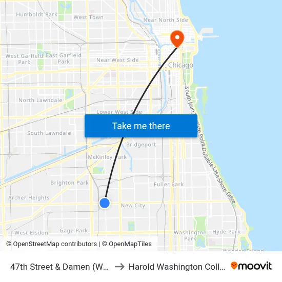 47th Street & Damen (West) to Harold Washington College map