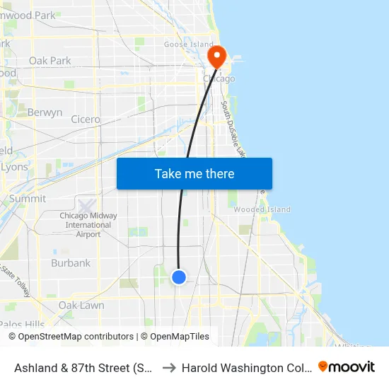 Ashland & 87th Street (South) to Harold Washington College map