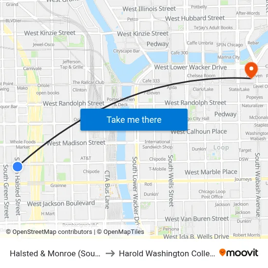 Halsted & Monroe (South) to Harold Washington College map