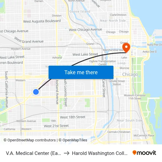 V.A. Medical Center (East) to Harold Washington College map