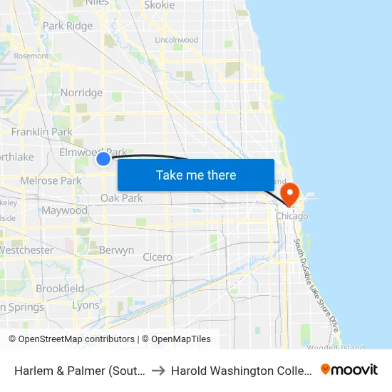Harlem & Palmer (South) to Harold Washington College map