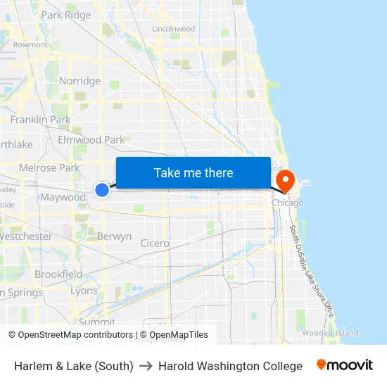 Harlem & Lake (South) to Harold Washington College map