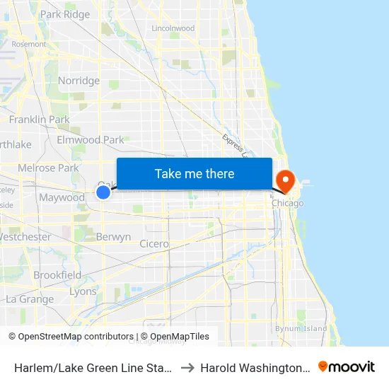 Harlem/Lake Green Line Station (West) to Harold Washington College map
