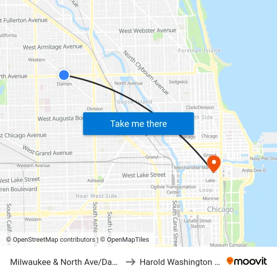 Milwaukee & North Ave/Damen (Nw) to Harold Washington College map