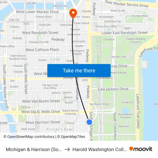 Michigan & Harrison (South) to Harold Washington College map