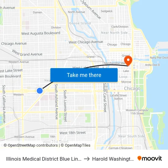 Illinois Medical District Blue Line Station (North) to Harold Washington College map