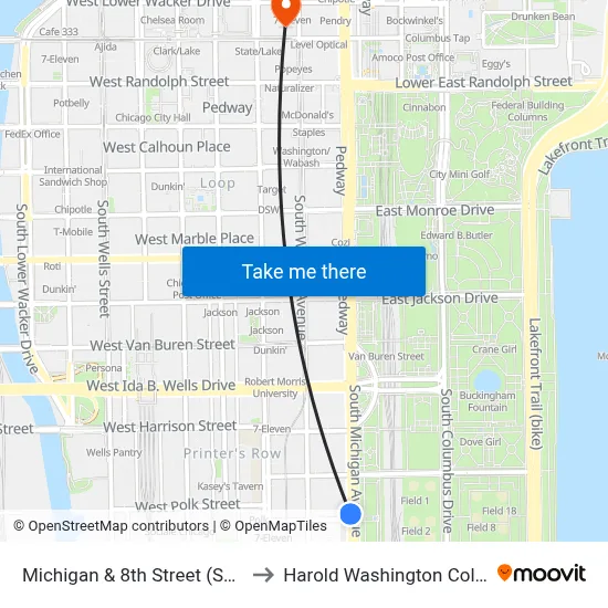 Michigan & 8th Street (South) to Harold Washington College map