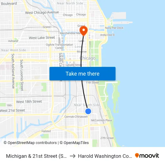 Michigan & 21st Street (South) to Harold Washington College map