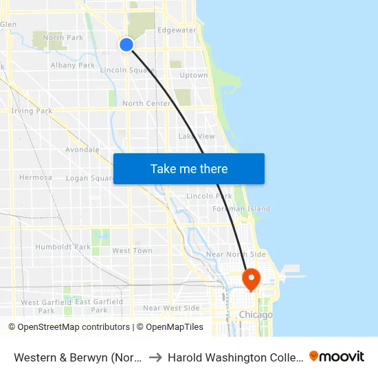 Western & Berwyn (North) to Harold Washington College map